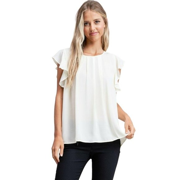 Array Blouse M Ivory Flutter Sleeve Gathered Pleated Neckline NEW - Picture 1 of 6